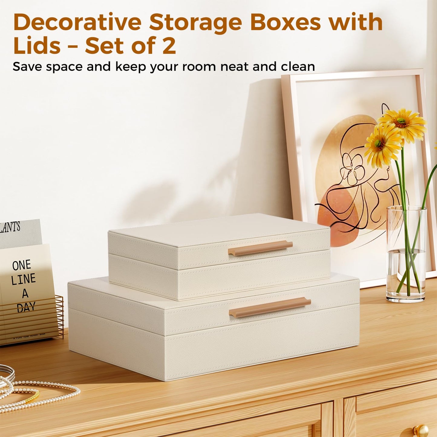 YUNSCEND Decorative Boxes with Lids 2-Set, Memory Box for Keepsakes, Saving Space, Beautiful PU Leather Keepsake Box, Decorative Storage Boxes with Gold Metal Handles Store Photos, Documents White