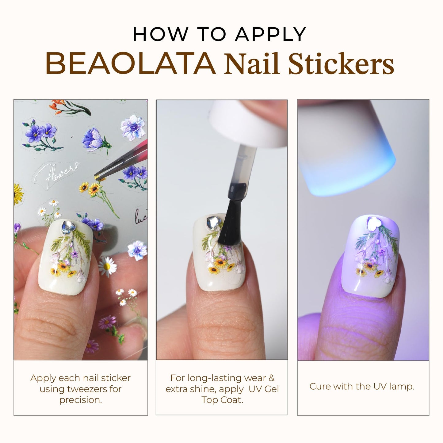 Beaolata Flower Nail Stickers for Nail Art - 3 Sheets 5D Embossed Iridescent Floral Trio Leaf Plant Designs Self-Adhesive Nail Decals for Women Manicure Salon Nails Art Decoration