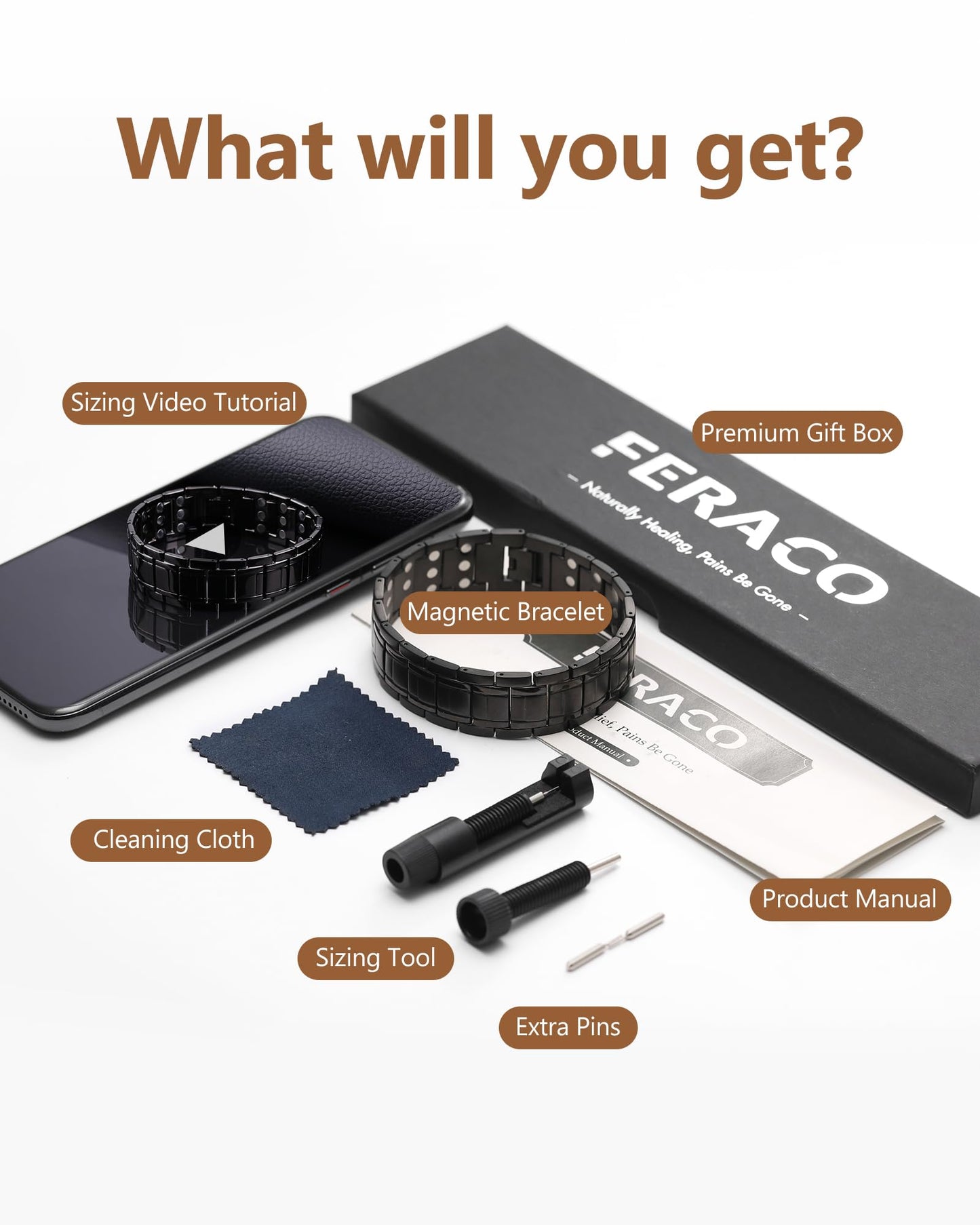 Feraco 3X Strength Copper Magnetic Bracelet for Men - 99.99% Pure Copper with 3800 Gauss Magnets(Black)