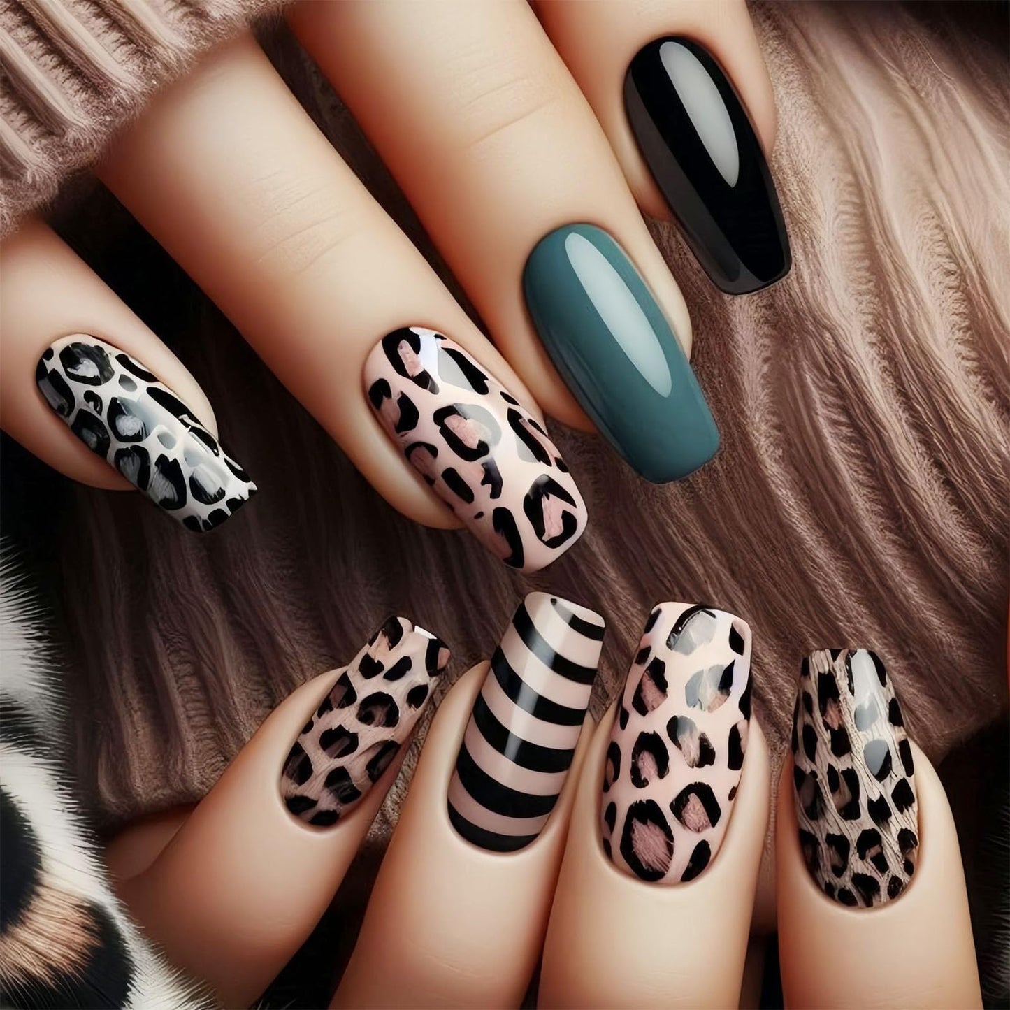 Fall Press on Nails Medium Coffin Fake Nails with Leopard Print Black Lines Designs Glossy Glue on Nails Green Nails Press ons Autumn Acrylic Artificial Stick on Nails for Women 24Pcs