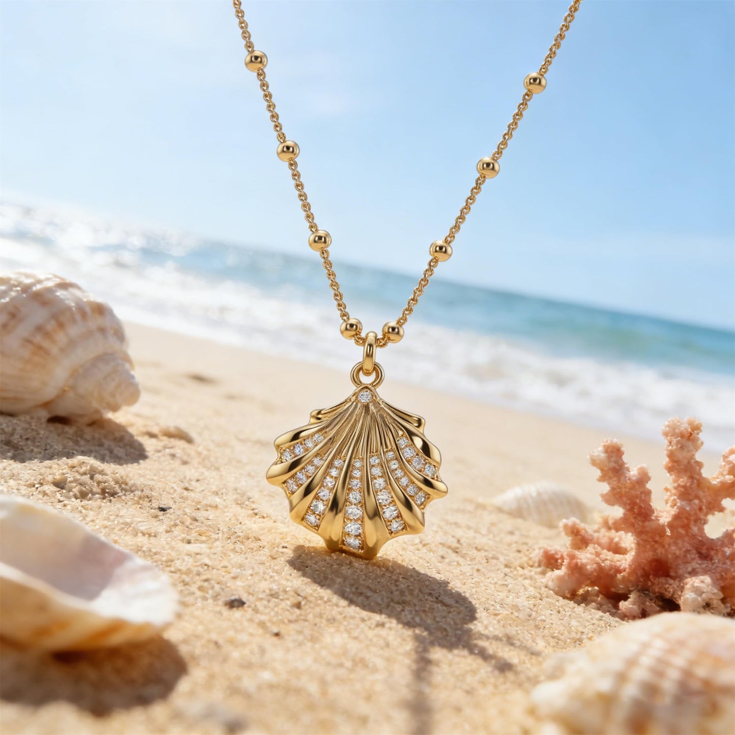 MEVECCO Dainty Gold Seashell Pendent Necklace for Women 18K Gold Plated Beach CZ Shell Necklace Boho Handmade Ocean jewelry