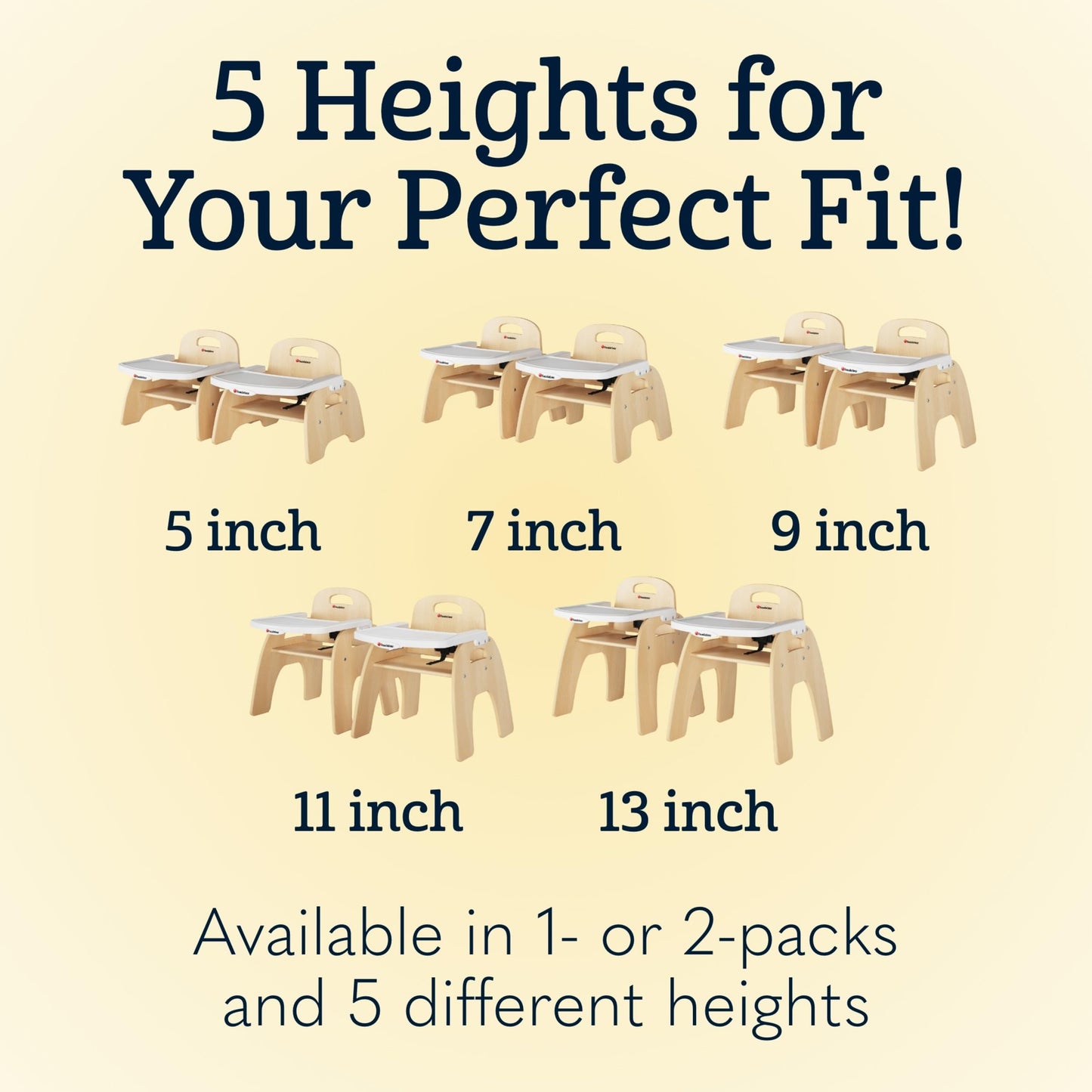 Foundations Easy Serve Low Wood Feeding Chairs Multipack, Adjustable Harness, Removable Dishwasher Safe Tray, No-Tip Base, Stackable Toddler Chairs, 2 Pack, 13 inch
