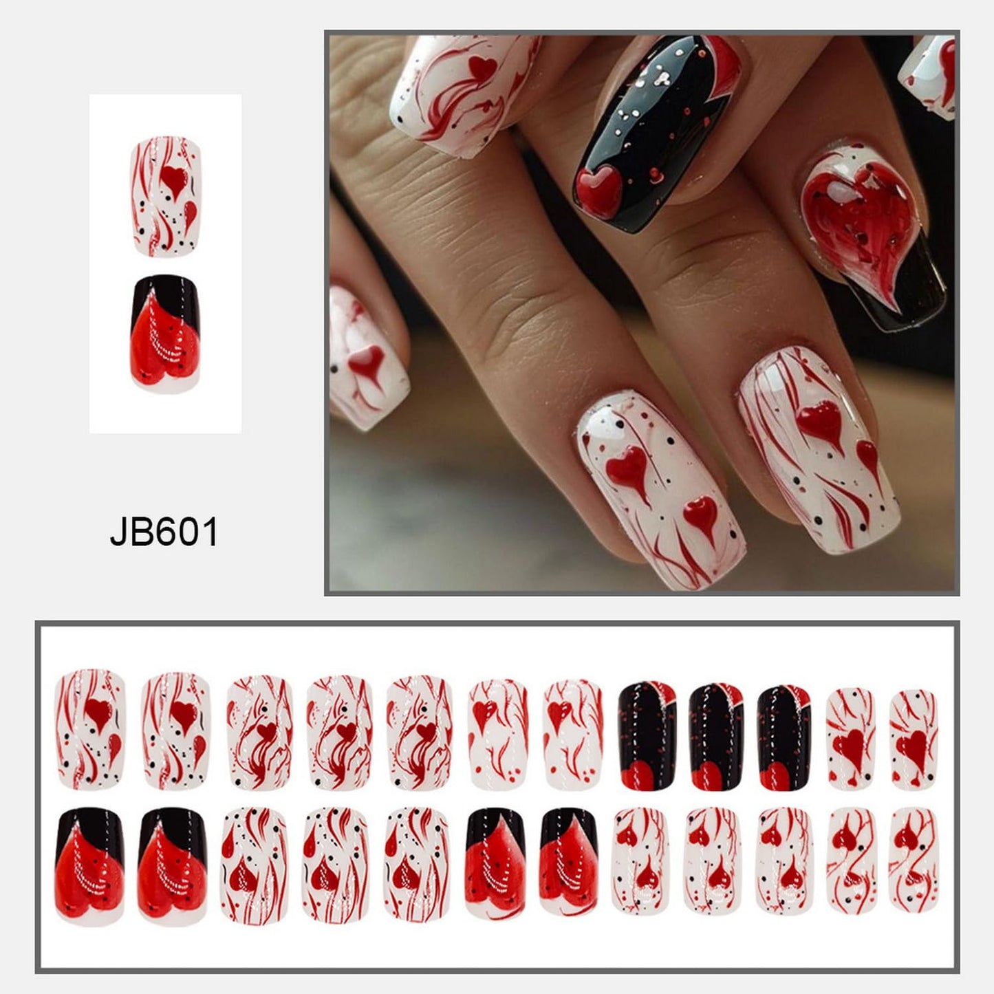Valentine's Day Press on Nails Medium Length Fake Nails Black White Stick on Nails with Glossy designs Acrylic Nails Heart Love Stripe False Nails Full Cover Glue on Nails for Women 24pcs