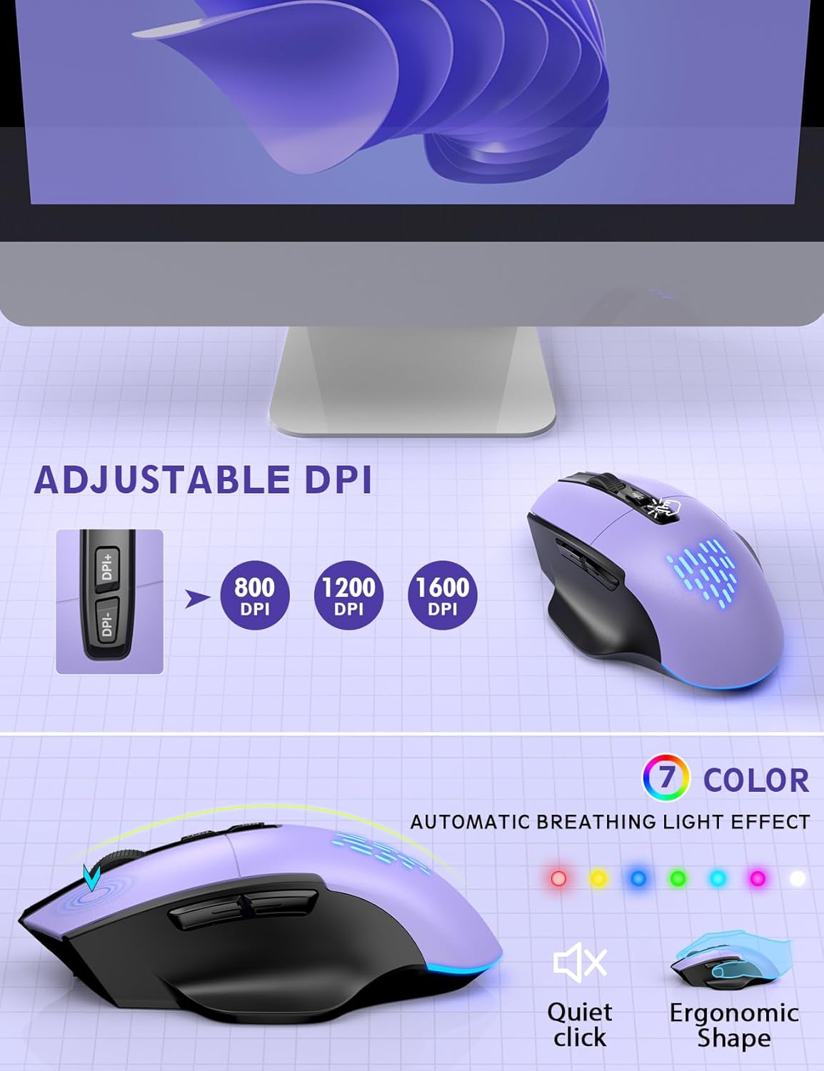 Wireless Keyboard and Mouse Backlits, Wrist Rest, LED Mouse, Rechargeable Ergonomic Keyboard with Phone Holder, Silent Light Up Combo for Computer, Mac, PC, Laptop, Chromebook (Purple)