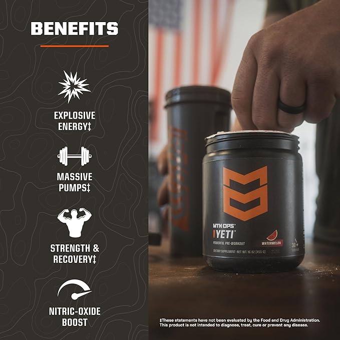 MTN OPS Yeti Pre-Workout Powder Energy Drink with Creatine, 200mg Caffeine & BCAAs with Beta Alanine, 30-Serving Tub, Black Cherry