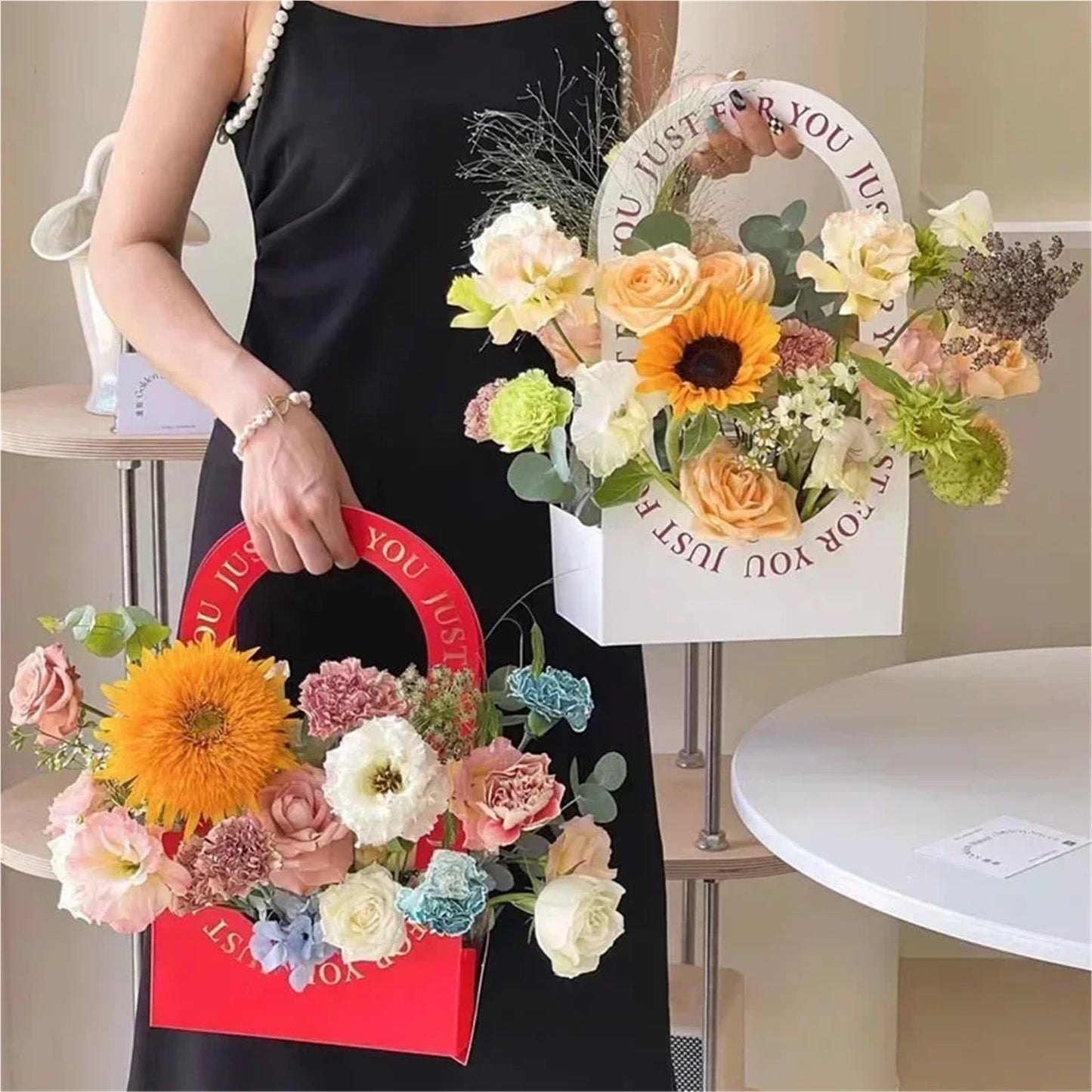 Nikeg Kraft Paper Flower Gift Bags 12Pcs Valentine's Day Hollow Folding Handheld Flower Basket Simple Box Paper Handbag Mother's Gift Arrangement(Red)