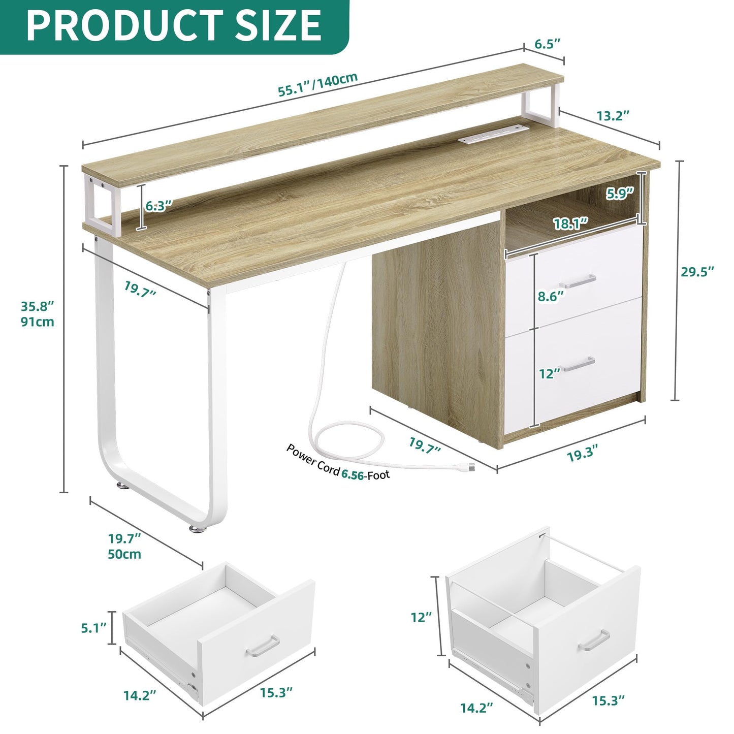 DWVO Computer Desk with Drawers, 47.2" Office Desk with Power Outlets & LED Light, Home Office Desk with Storage Shelves, White & Oak