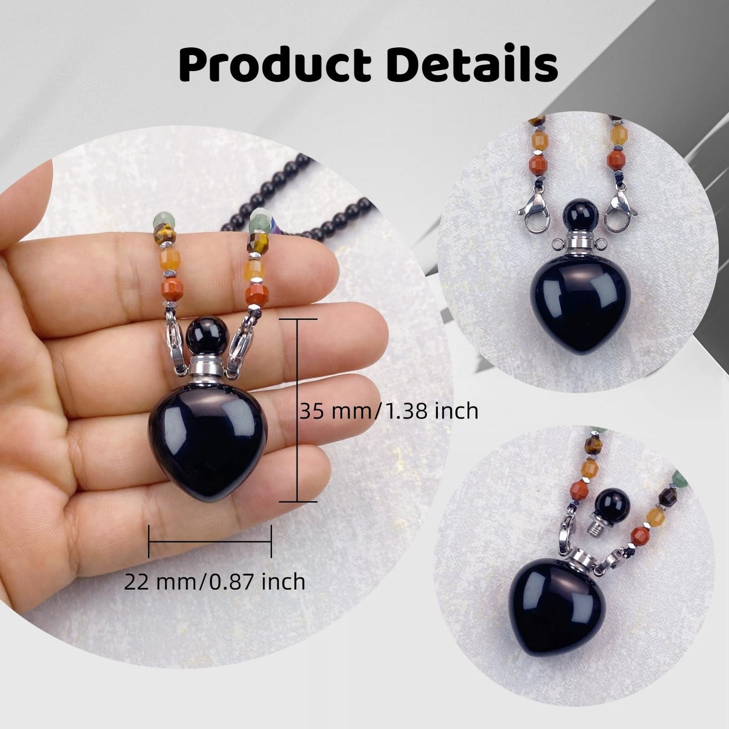 EDEN'S CALL Black Obsidian Crystal Heart Perfume Bottle Pendant Necklace, 7 Chakra Crystal Bead Aromatherapy Diffuser Pendant Jewelry Gifts for Women