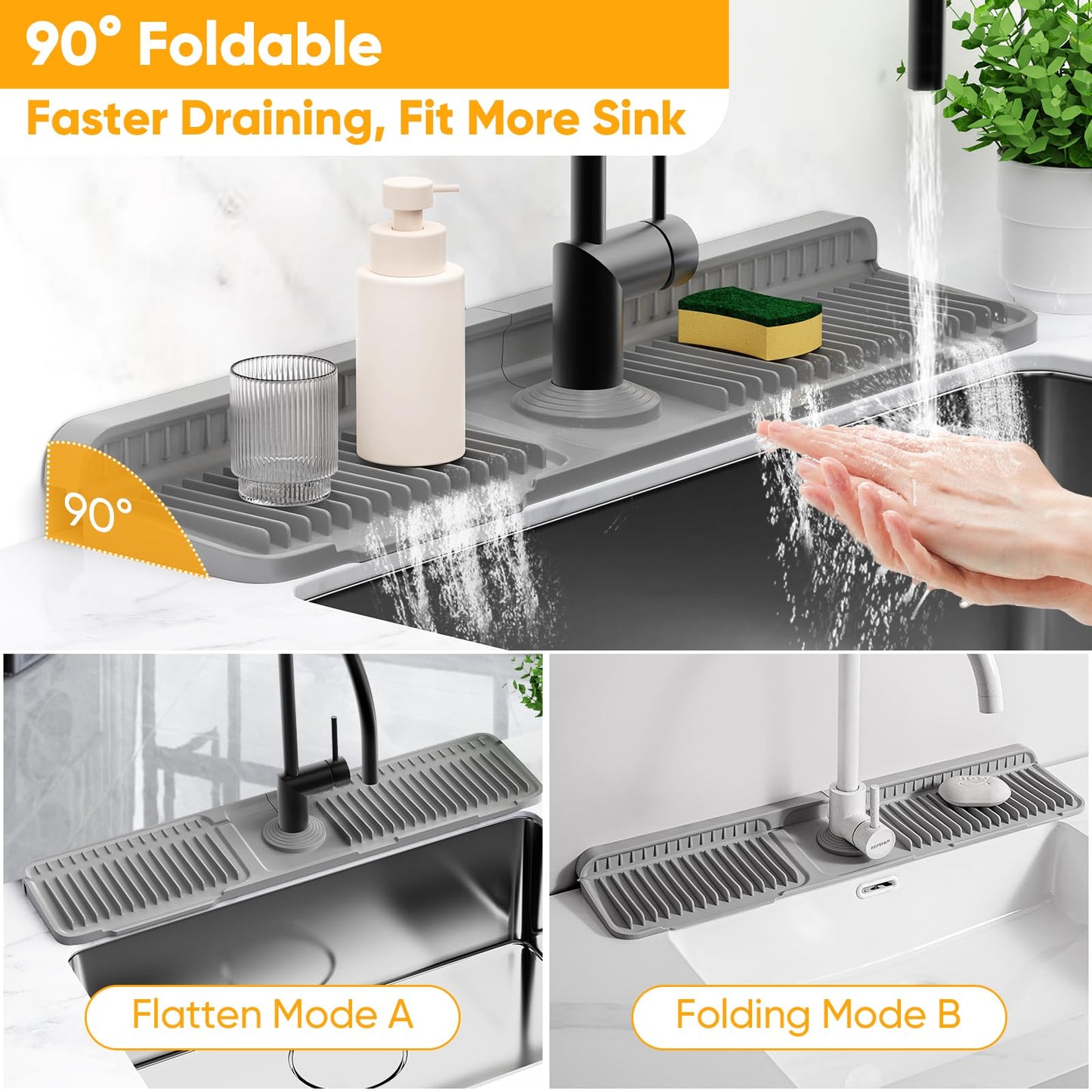 24'' Longer Faucet Mat for Kitchen Sink Splash Guard[7° Slope Fast Self-draining][Snap Lock Fit]Kitchen Sink Faucet Mat Splash Guard Kitchen Sink Area Water Splash Guard Behind Faucet Draining Mat