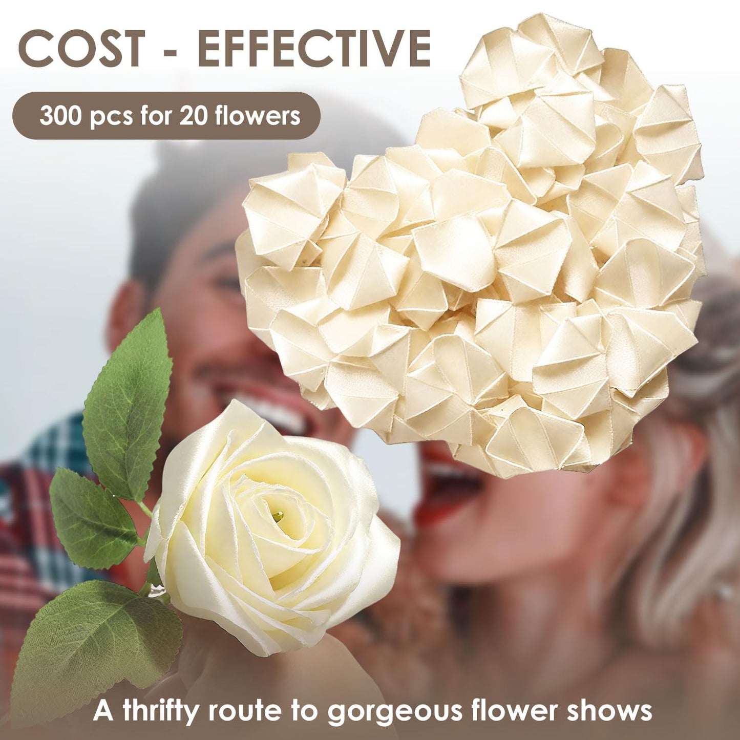 KAKABUBBLE 300PCS DIY Rose Petal Kit with Glue Gun, Sticks & Leafy Stems | Half-Finished Satin Ribbon Flower Craft Set | for Wedding, Anniversary, Birthday Bouquets (Cream White)
