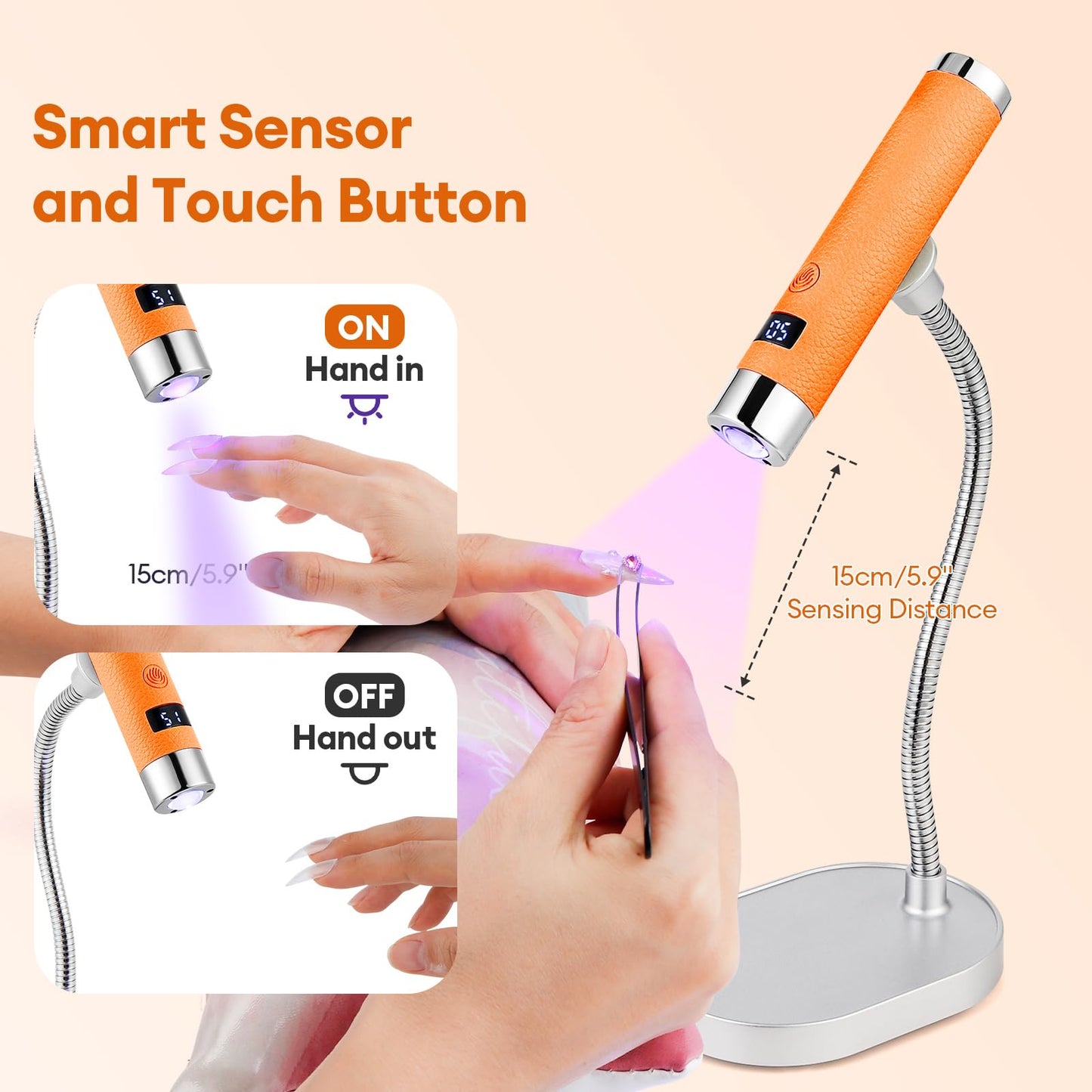 LIARTY UV Nail Lamp Cordless: Mini Rechargeable Auto Sensor LCD Display 2 Timers - Gooseneck Flash Curing Light Pen for Gel Nails Polish with Base (Orange)