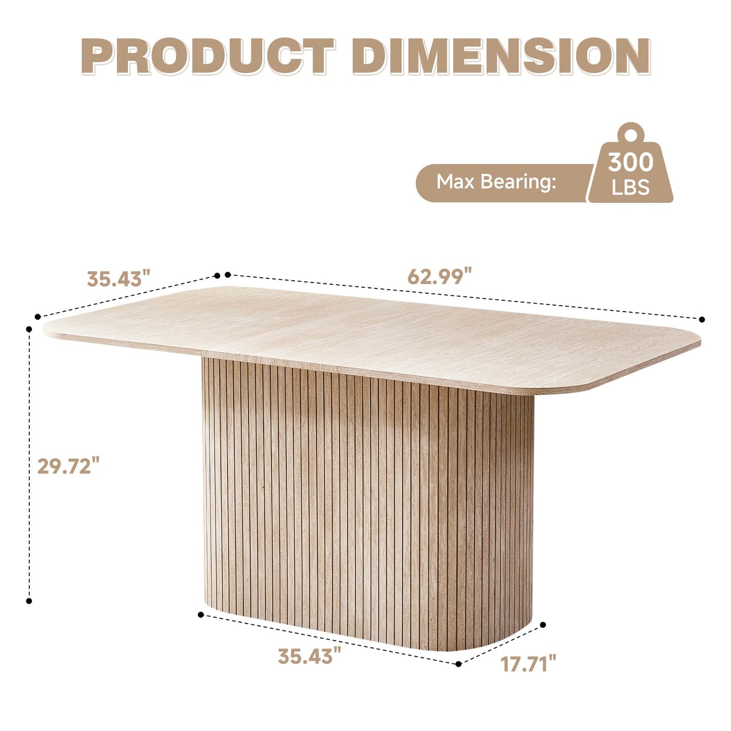 63" Inch Modern Oval Dining Table with Rounded Corners & Wood Strip Pedestal Base, Kitchen Table for Dining Room, Beige Stone Patterned(Table Only)