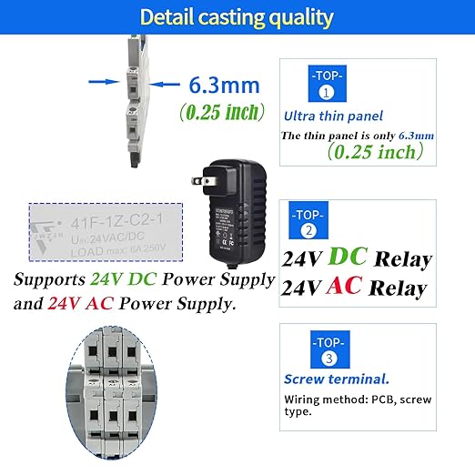 20Pcs Miniature Power Relay DC24V HF41F/24-ZS 1NO 1NC 6A SPDT with LED Indicator with Socket Base 41F-1Z-C2 with DIN Rail UL Certification