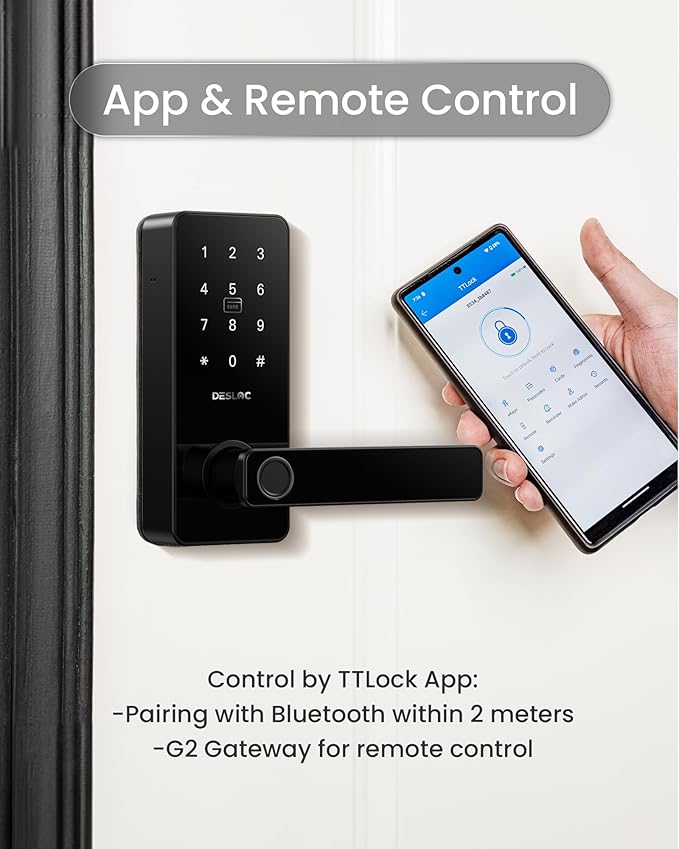 DESLOC B200L Fingerprint Smart Lock with Handle, Keyless Entry Door Locks for Front Door and Bedrooms, App Control, Touchscreen Keypad, Auto-Lock, 12-Month Battery, Emergency Power Port, IP54 Black