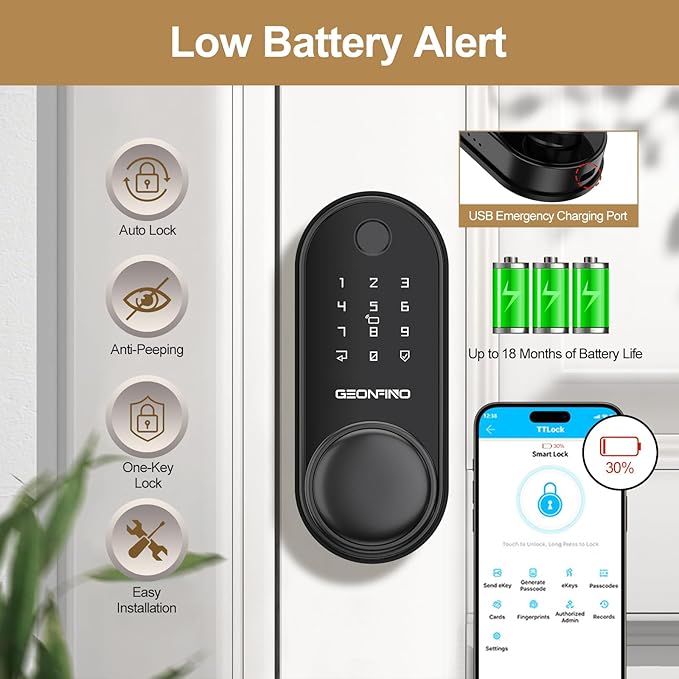 GEONFINO Smart Door Lock with Knob, Keyless Entry Door Lock with Handle, Black Digital Deadbolt for Home