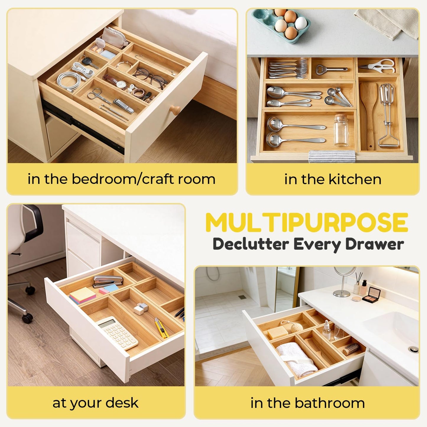 lilLittle Bamboo Drawer Organizer, 5 Pcs Kitchen Drawer Organizer Set, Multi Purpose Utensil Drawer Organizer, Silverware Organizer for Kitchen, Bathroom, Office, Junk Drawers