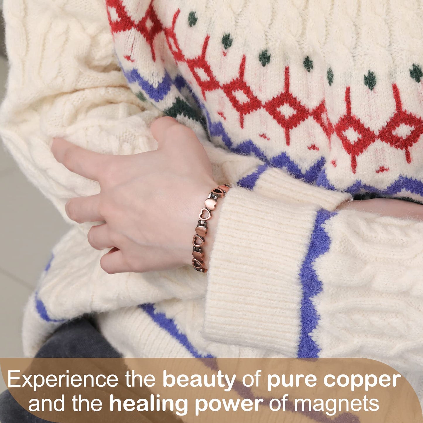 Feraco Copper Bracelet for Women 99.99% Solid Copper Magnetic Bracelets, Unique X Shape Links, Magnetic Field Therapy Jewelry Gifts (Heart Shape with Ring)