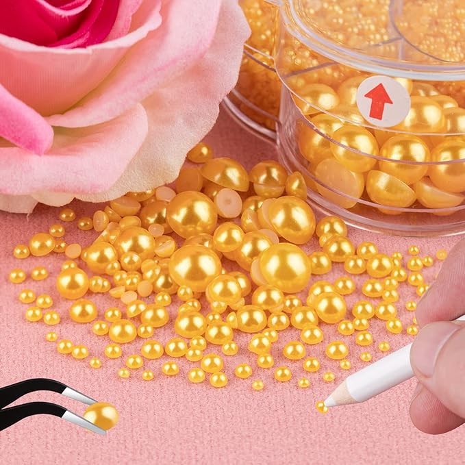 Nail Art Flat Back Half Round Pearl Kits 28, 1 Box of 6000 Pcs Flat-Back Golden Yellow with Tweezer and Picker Pencil for Home DIY Nails Body Face Craft and Salon Use