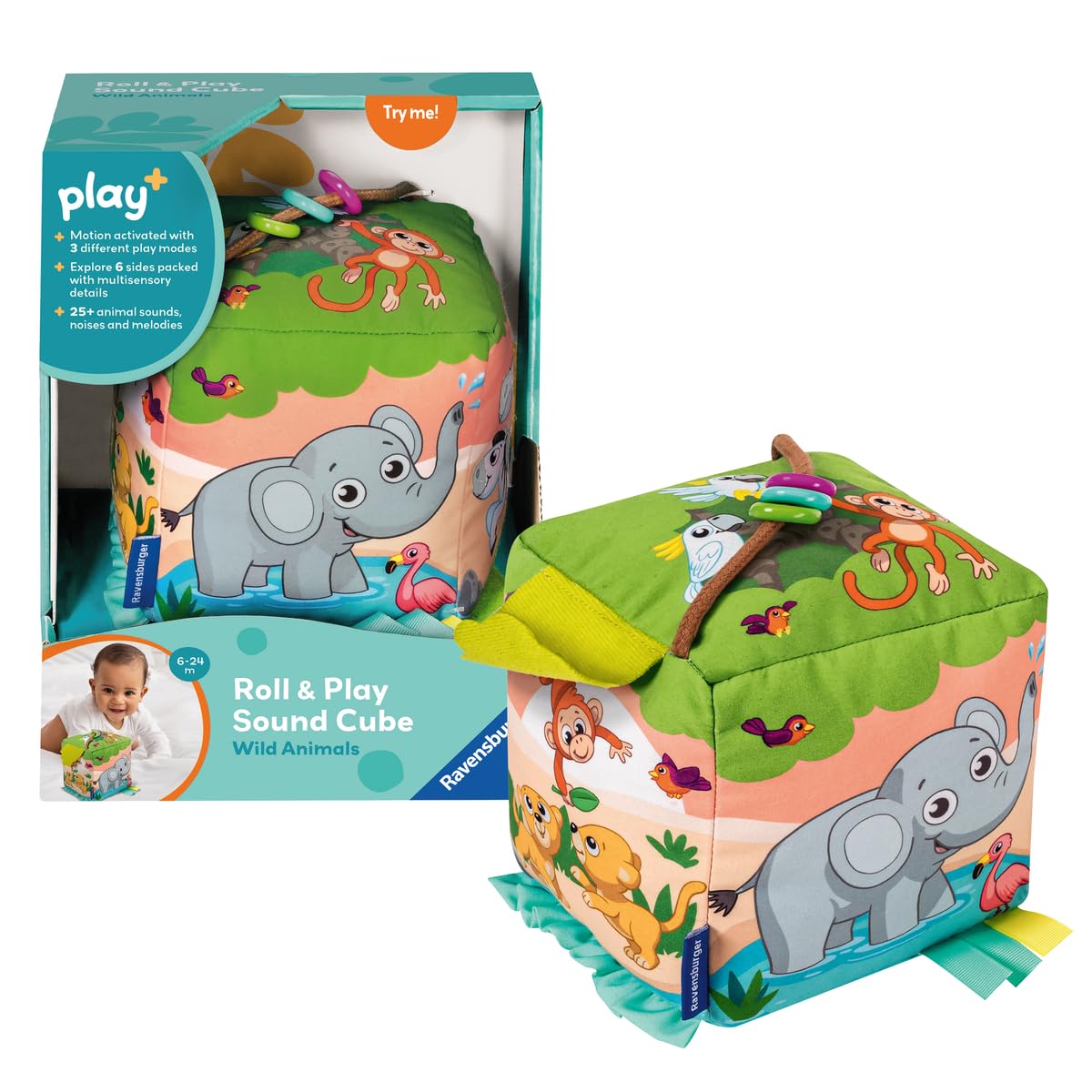 Ravensburger Play+ Roll & Play Sound Cube - Wild Animals | Motion-Activated Sound Toy | Encourages Crawling & Coordination