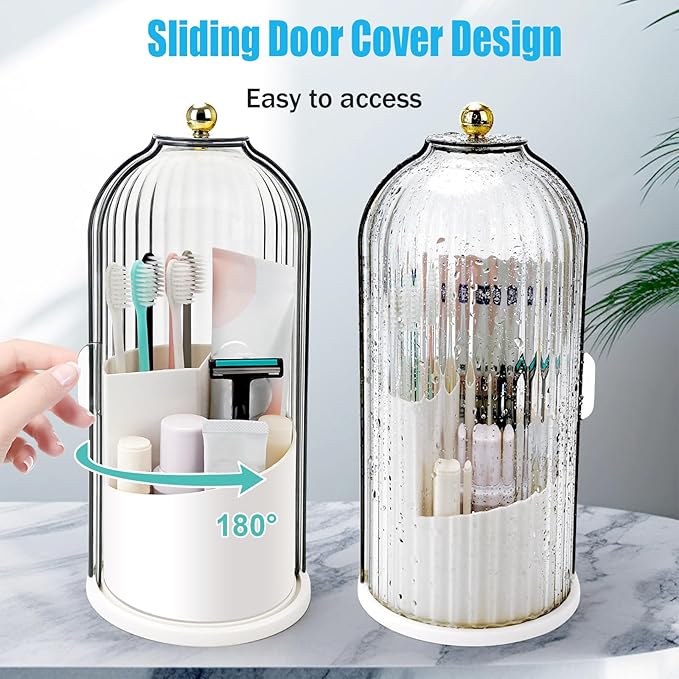 Concealed Toothbrush Holder, Rotating Bathroom Organizer Countertop, Toothbrush Holders with Cover, Bathroom Counter Organizer with Covered Makeup Brush Holder (1pcs Grey)