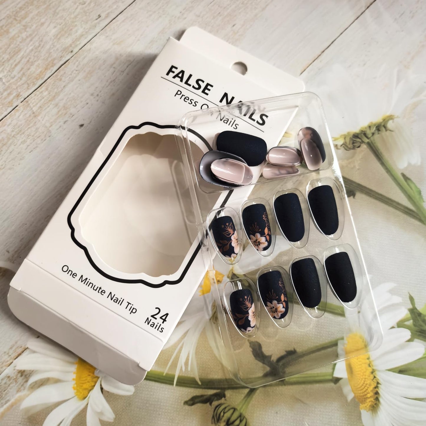 Short Press on Nails Almond Fake Nails with Flower Leaves Design Matte Black Nude Pink Spring Glue on Nails Acrylic Gel False Nail Kit Reusable Stick on Nails for Women Manicure Decorations 24PCS