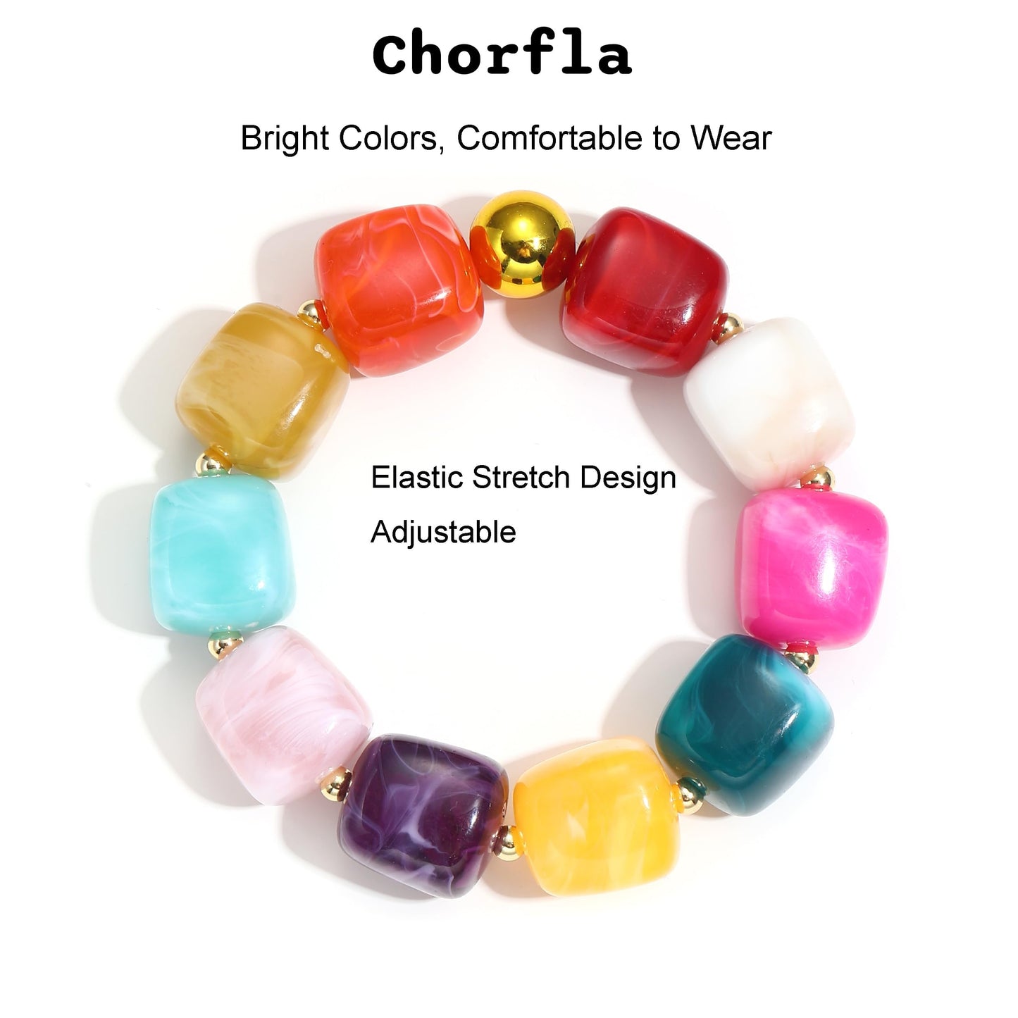 chorfla Boho Beaded Bracelet for Women,Colorful Rainbow Chunky Resin Elastic Bracelet, Handmade Style Summer Jewelry Gift