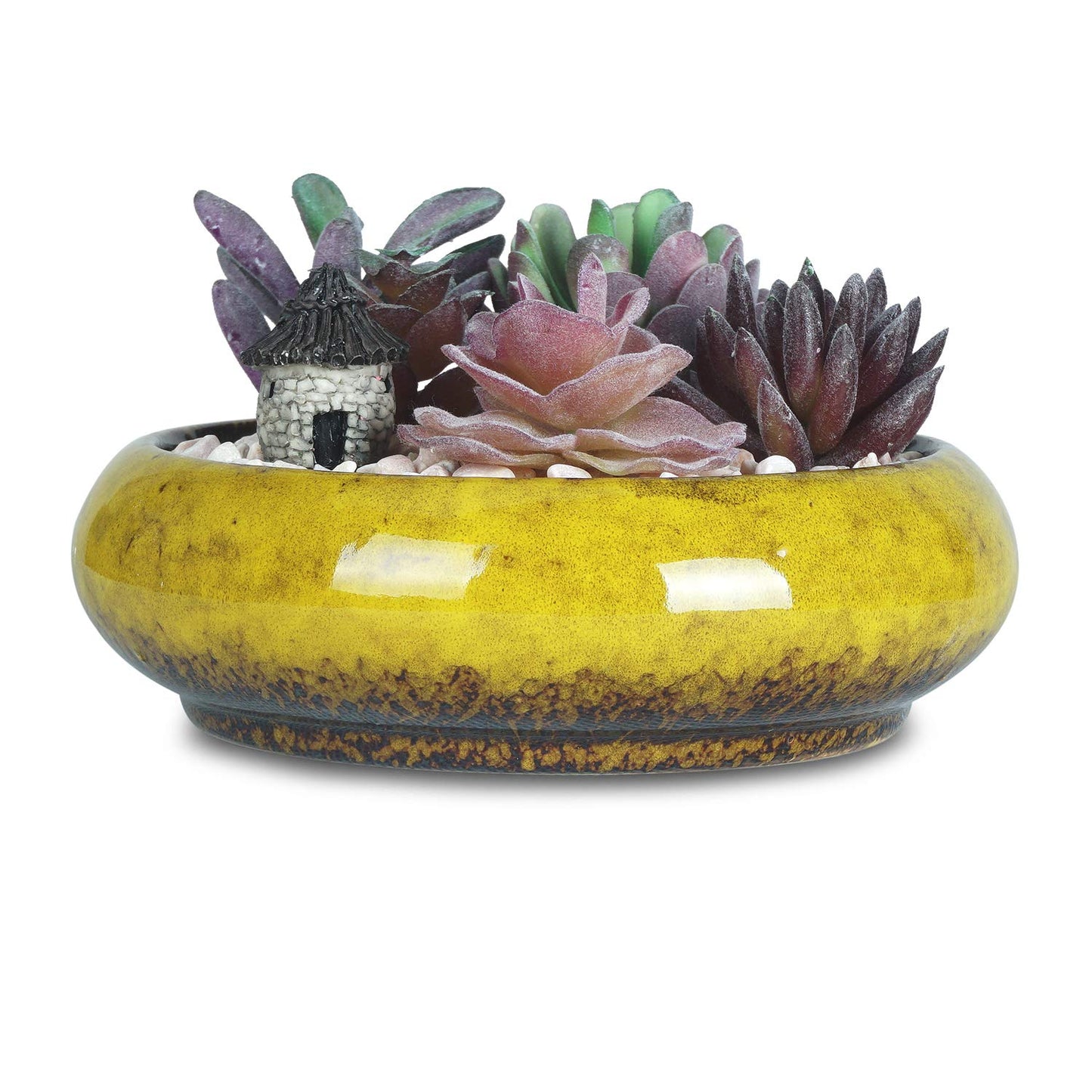 ARTKETTY Succulent Pots - 7.3 Inch Large Succulent Planters with Drainage Ceramic Bonsai Pots with Bamboo Tray, Shallow Planters for Indoor Cactus Plants Decorative Flower Plant Container