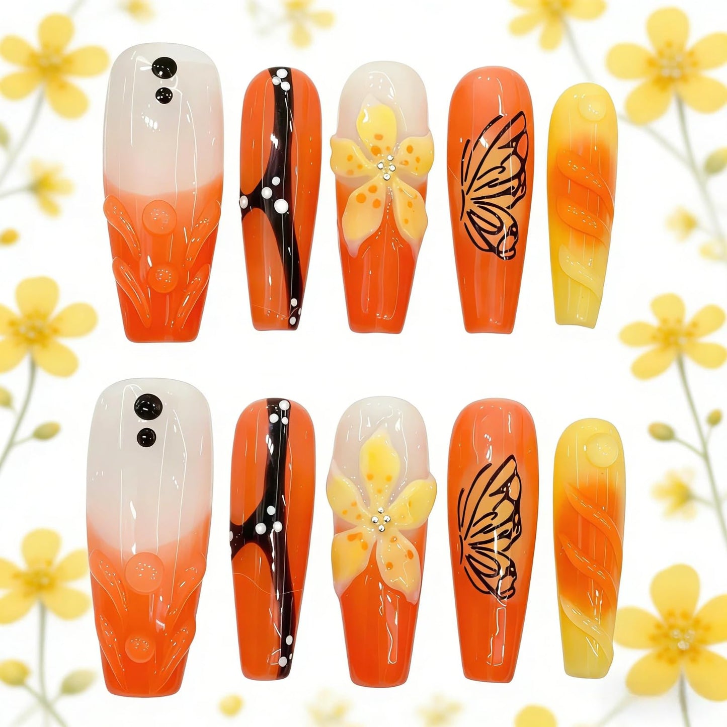 Tesytto Long Coffin Press On Nails - 3D Flowers Orange Design Hand-Painted Butterflies French Tip Acrylic Nail for Women (Mango Sago,M)