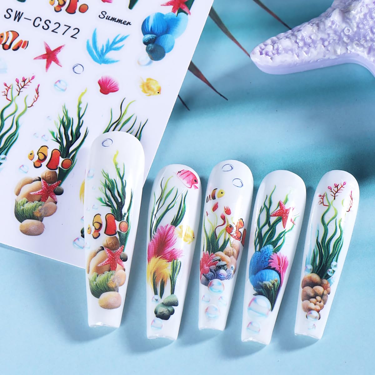 Marine Life Nail Art Stickers Decals 3D Self-Adhesive Fish Seaweed Nail Decals Design Supply Summer Fish Seaweed Marine Life Nail Stickers for Women DIY Manicure Decoration Accessories 4 Sheets