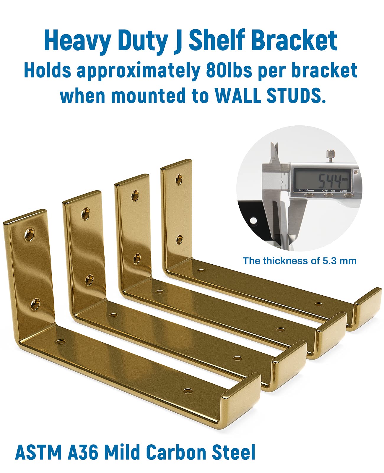 LEOPO 8 inch Shelf Bracket for DIY Floating Shelf, 1/5 inch Thick Heavy Duty Bracket, 6 Pack, Golden