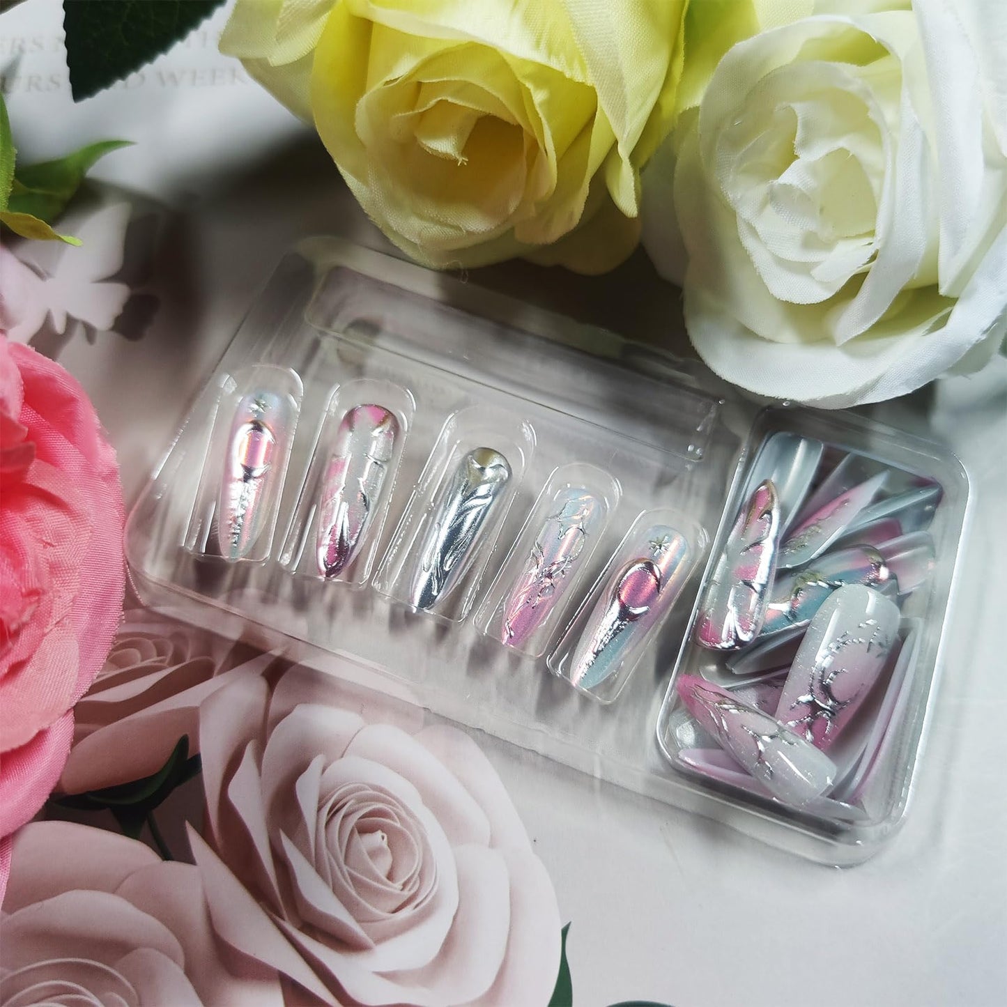 30 Pcs 3D Love Heart Press on Nails Stars Acrylic Fake Nail Moon Gel Glue on Nail Valentines Almond Medium False Nails Glossy Pink Glitter Gradient Stick on Fingernails for Women Valentine's Gift