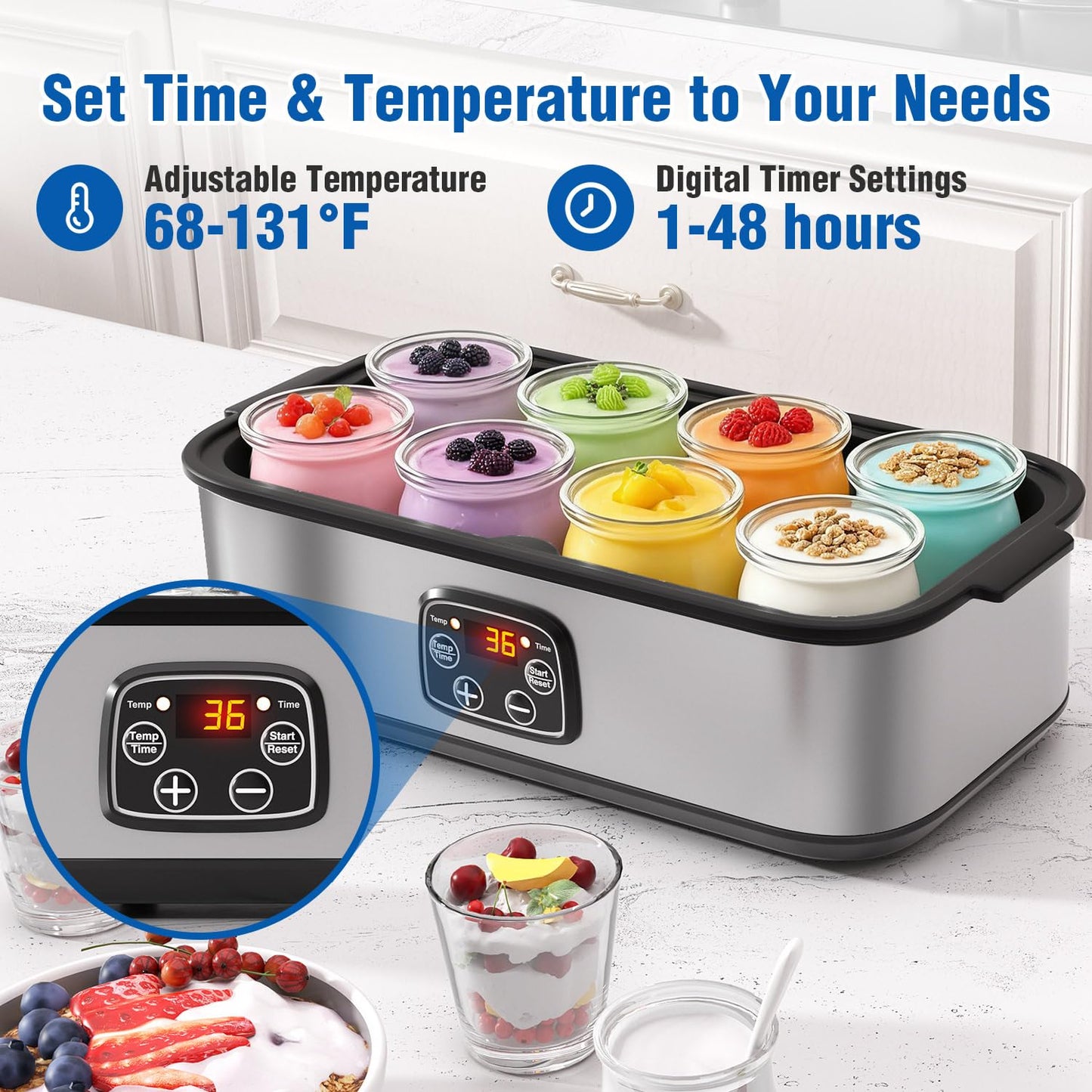HOPERAN Yogurt Maker with Adjustable Time and Temp Control, Yogurt Maker Machine with Automatic Shut-Off & Constant Temper for Homemade Probiotic, Greek Yogurt, BPA-Free (Black Grey, 48 oz/8 Jars)