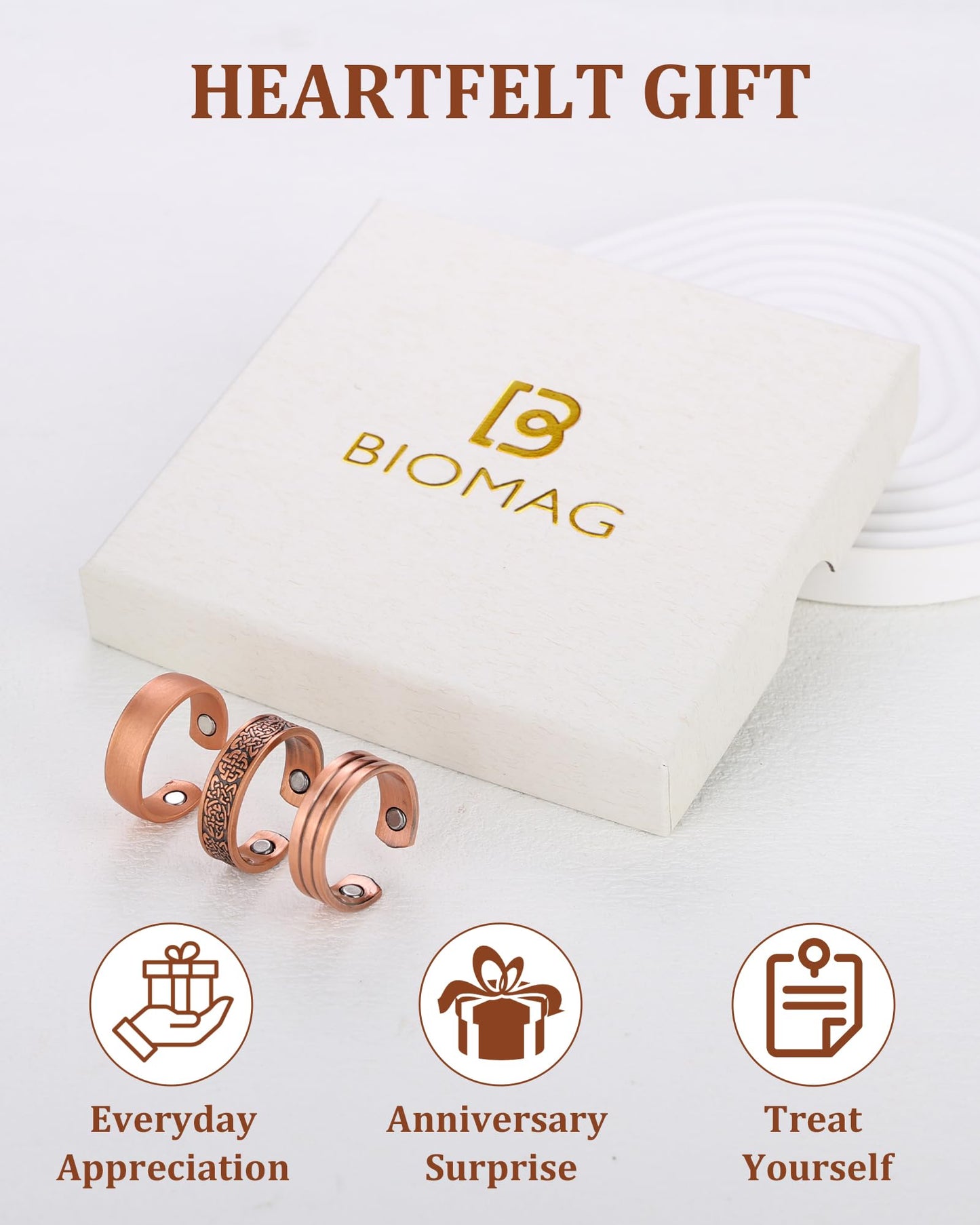 BioMag 3Pcs Lymphatic Drainage Copper Ring for Men Women, 99.99% Pure Copper Magnetic Rings, Jewelry Box