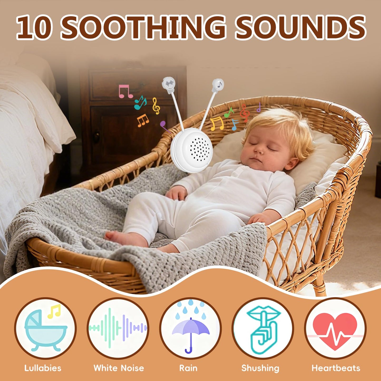 BEREST A10 Baby Lovey Music Box with 10 Soothing White Noise Sounds: Heartbeat, Lullabies, Shushing| Cry Sensor| Timer| Recording| Rechargeable Sleep Soother for Newborns| Plush Toy Insert| Baby Gift