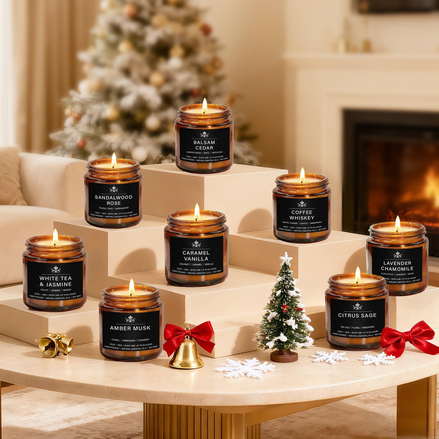 8 Pack Soy Wax Scented Candles Gift Set, Aromatherapy Candles with Lavender Chamomile, Citrus Sage, Caramel Vanilla, Coffee Whiskey, Long Lasting Stress Relief Candle, Unisex Home & Gift Set