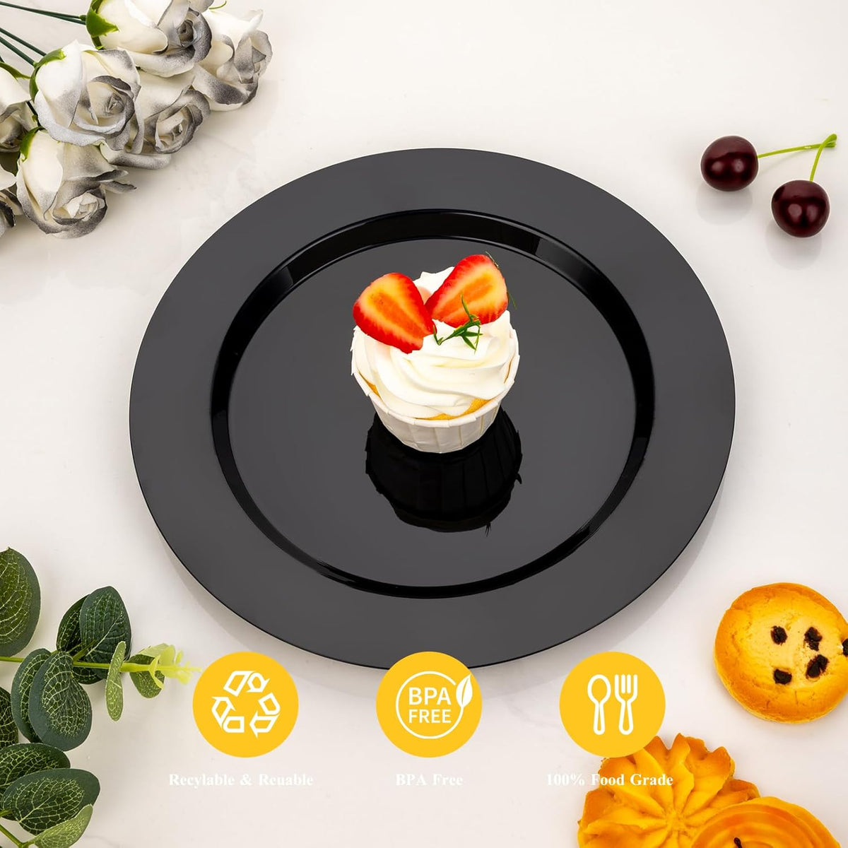 Goodluck 200PCS Black Plastic Plates, Heavy Duty Disposable Gold Plates with 100 10.25 inch Dinner Plates and 100 7.5 inch Dessert Plates for Party, Holiday, Wedding, Thanksgiving