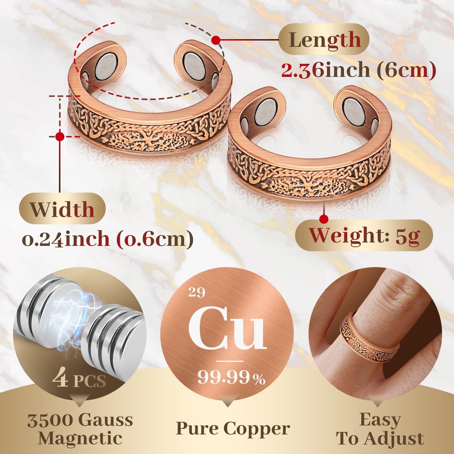 Auramag Copper Rings for Women, Lymphatic Drainage Ring 100% Pure Copper Thumb Rings with 3500 Gauss Magnets, Adjustable Jewelry Gift (2 PCS)
