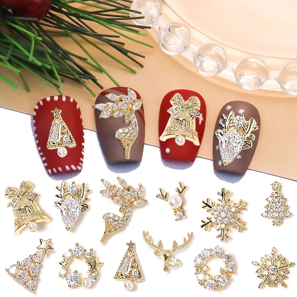 24pcs Luxury Zircon Christmas Nail Charms - 3D Snowflake, Elk, Xmas Tree, Garland Decorations - Gold Art Rhinestones Gems for Nails