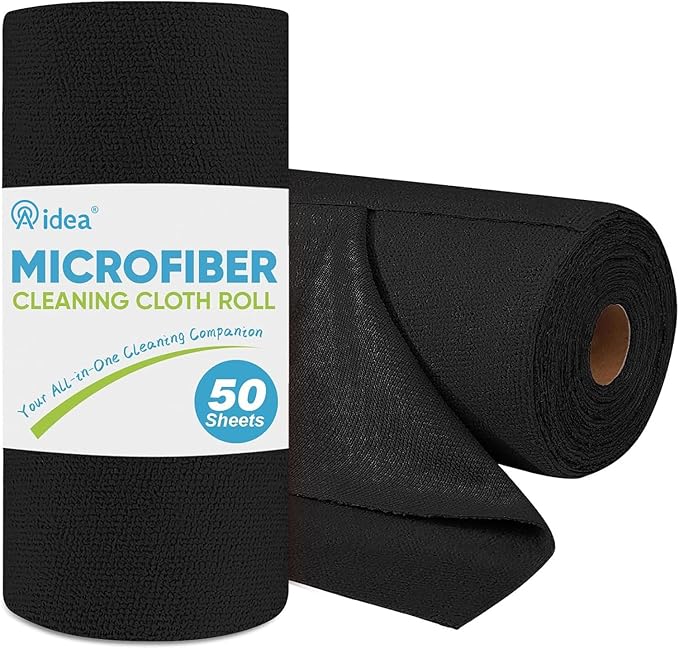 AIDEA Microfiber Cleaning Cloth Roll, 50PK, Black Microfiber Towels for Cars, Reusable Paper Towels Tear Away Cloth, Shop Rags, Lint Free Cleaning Rags for House, Kitchen, Window, 11.5"×11.5"