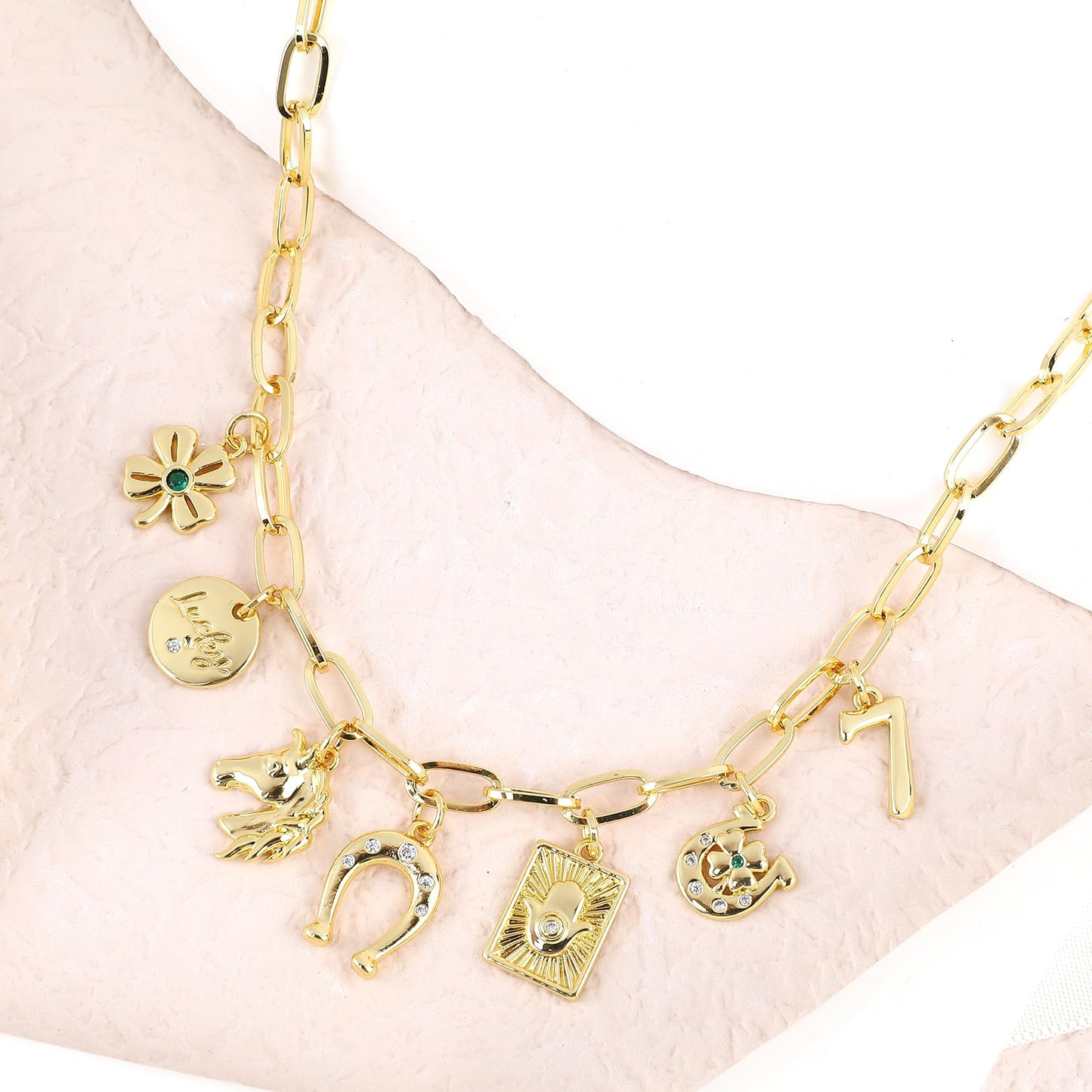 NEKOL Horseshoe Charm Necklace, Lucky Charms Pendant Paper Clip Chain Necklace Four-Leaf Clover Hamsa Horseshoe Cubic Ziron Inlays