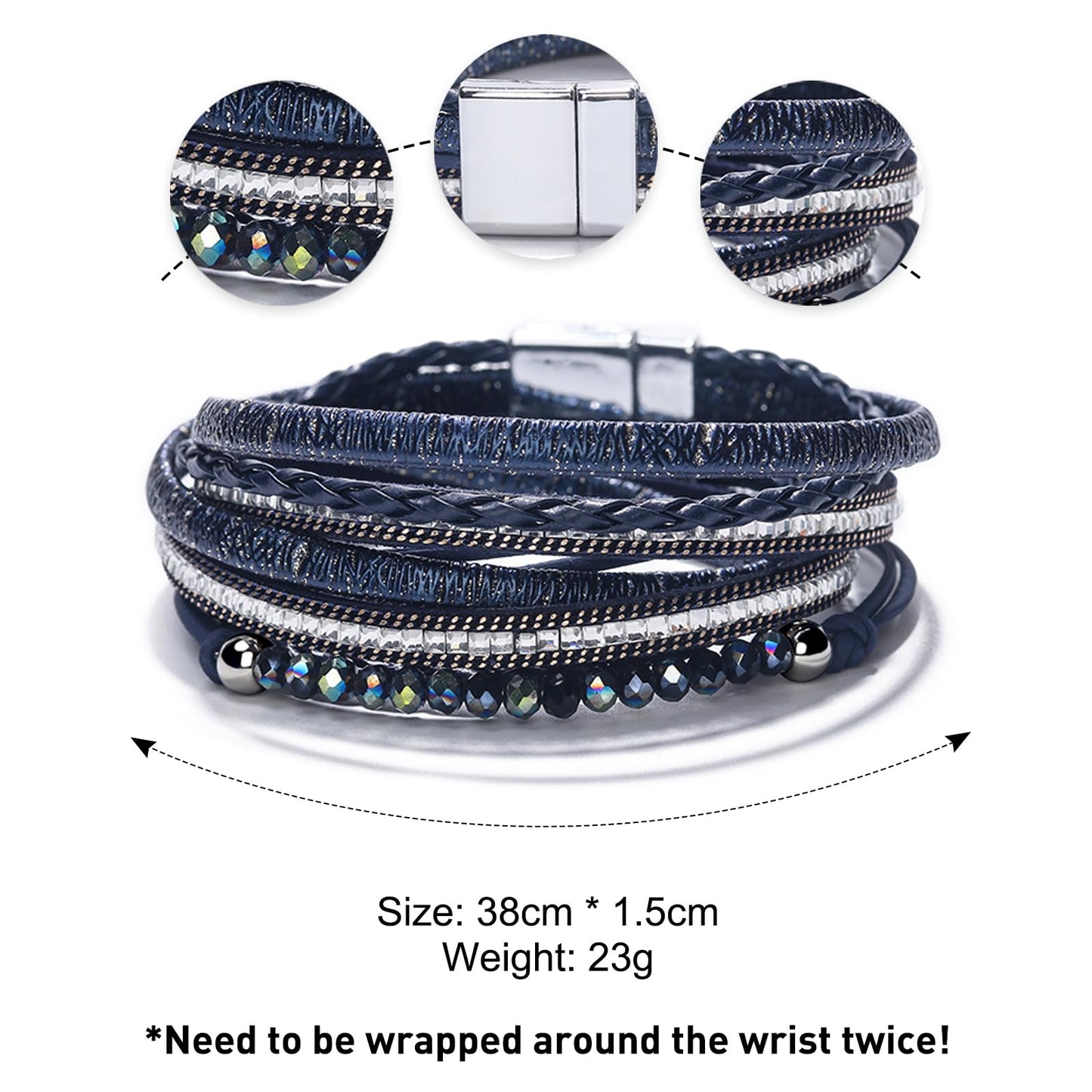 Leopard Bracelet for Women, Boho Leather Wrap Multi-Layer Pearl Crystal Bracelet Bangle Jewelry(Square(Blue))