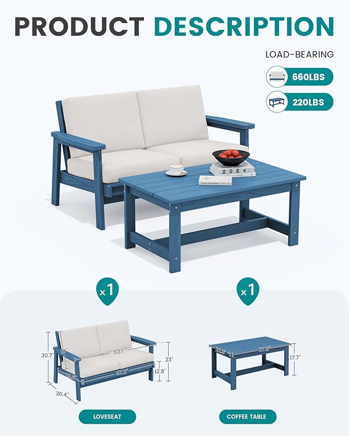 SERWALL Outdoor Loveseat, Blue Frame and Khaki Cushion