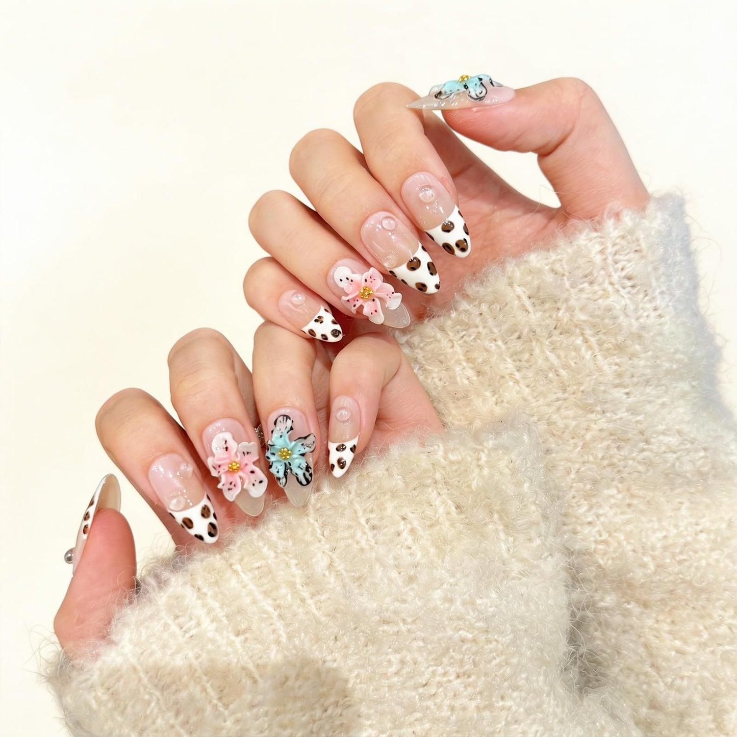 Handmade Press on Nails – Reusable False Nails with Leopard Print French Design, Gradient Tropical 3D Flower Art, Medium Almond Shaped Fake Nails (10PCS-S)