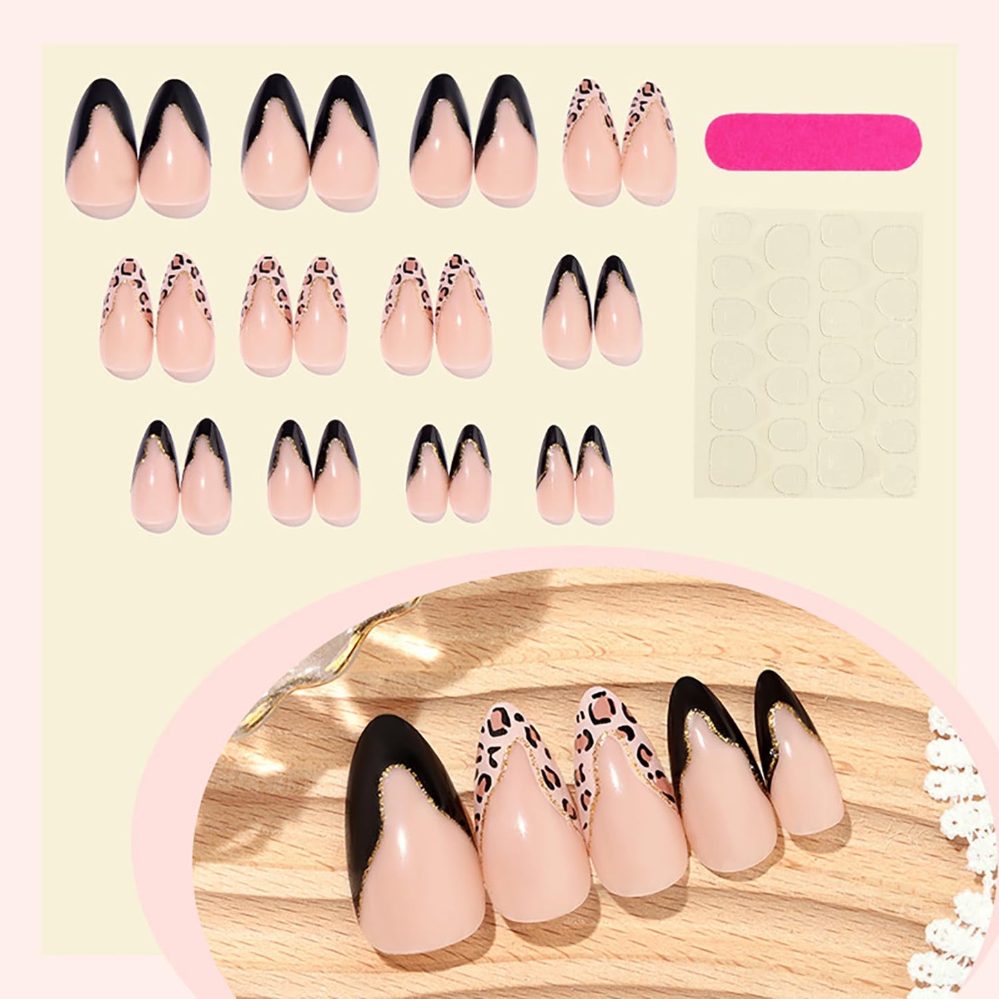 Leopard Print French Press On Nails Almond Medium Fake Nails Press Ons With Gold Glitter Design Pink False Acrylic Nails Glossy Full Cover Glue On Nails For Women Nail Supplies