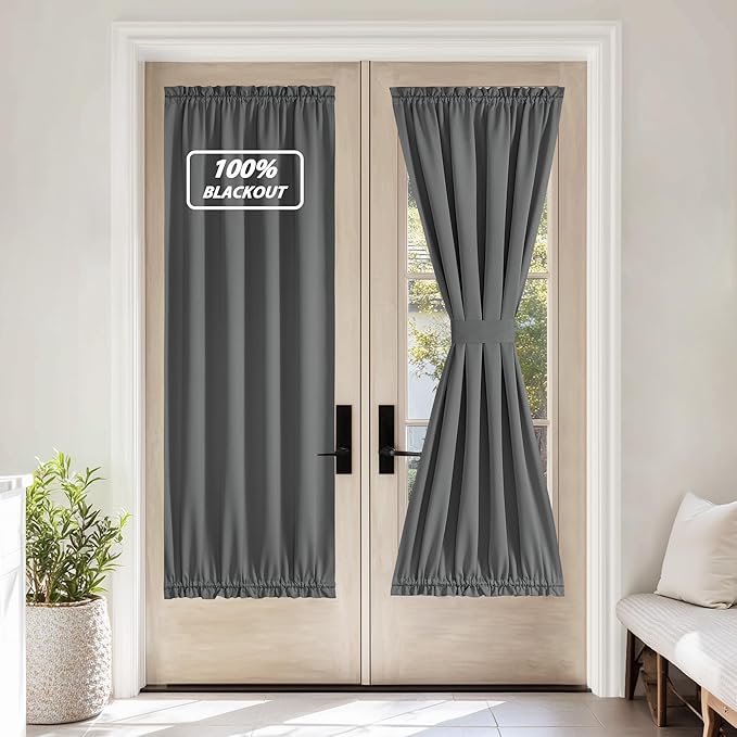 NICETOWN 100% Blackout French Door Curtain,Privacy Thermal Insulated Window Curtain with Adjustable Tieback for Glass Front Sliding Patio Door, 1 Panel, 36W x 72L, Grey