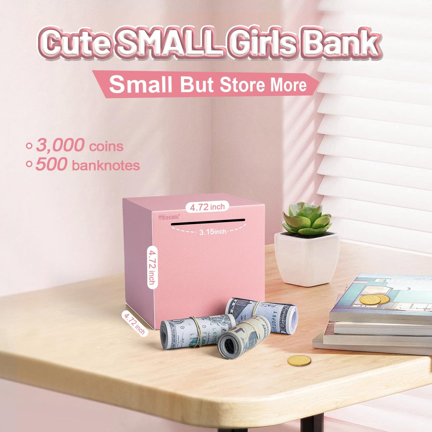 Hicocool Piggy Bank for Adults Must Break to Open, Unbreakable Stainless Steel Money Saving Box (Pink, Palm Size)