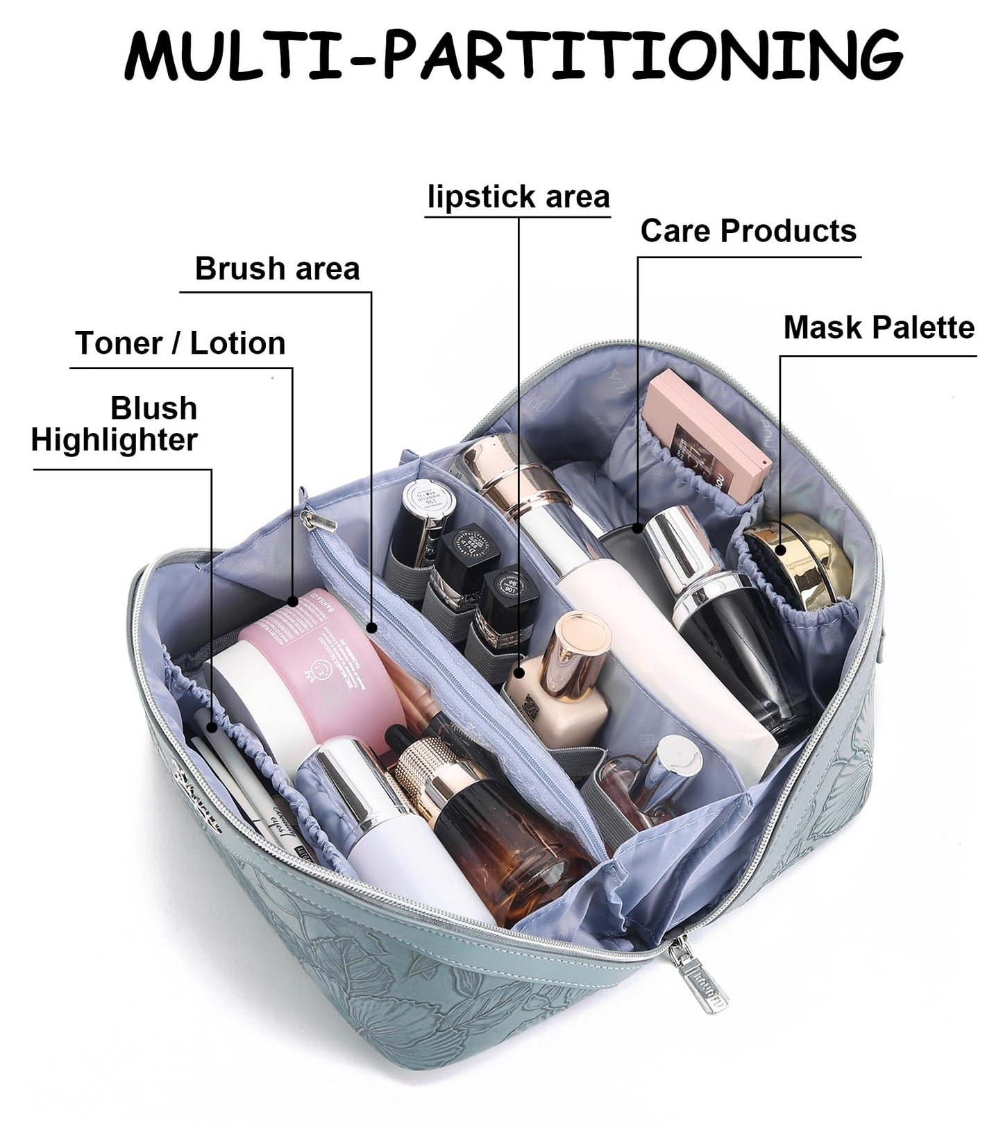 BOYATU Travel Makeup Bags Cosmetic Organizer Bag: 3 Pcs Set Large Capacity Floral Make up Bag with Compartments - Waterproof Leather Toiletry Bags with Handle for Women (01-Light Blue)