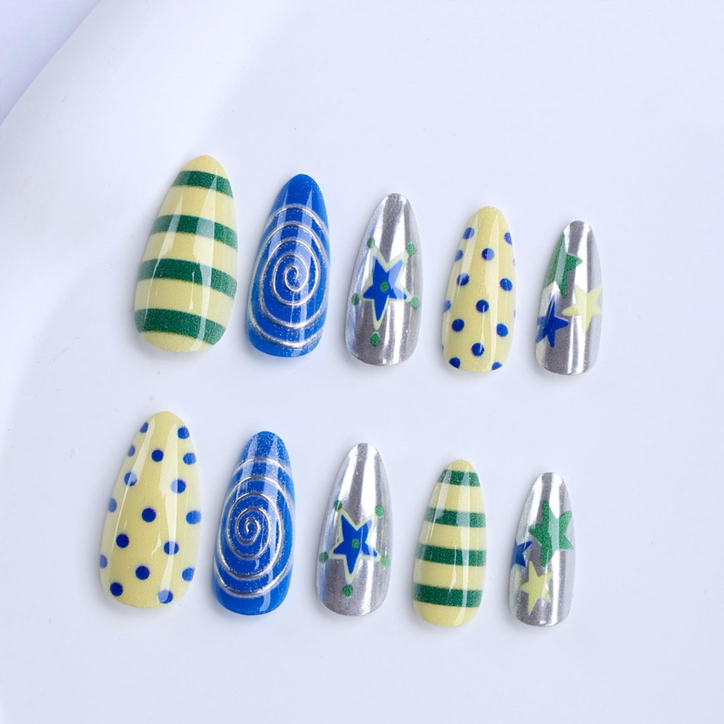 Long Press on Nails Almond Fake Nails Multicolor Artificial Nail Star Spiral Stripe Polka Dot Glossy Stick on Nail Fun Retro Pop Style for Women 24pcs