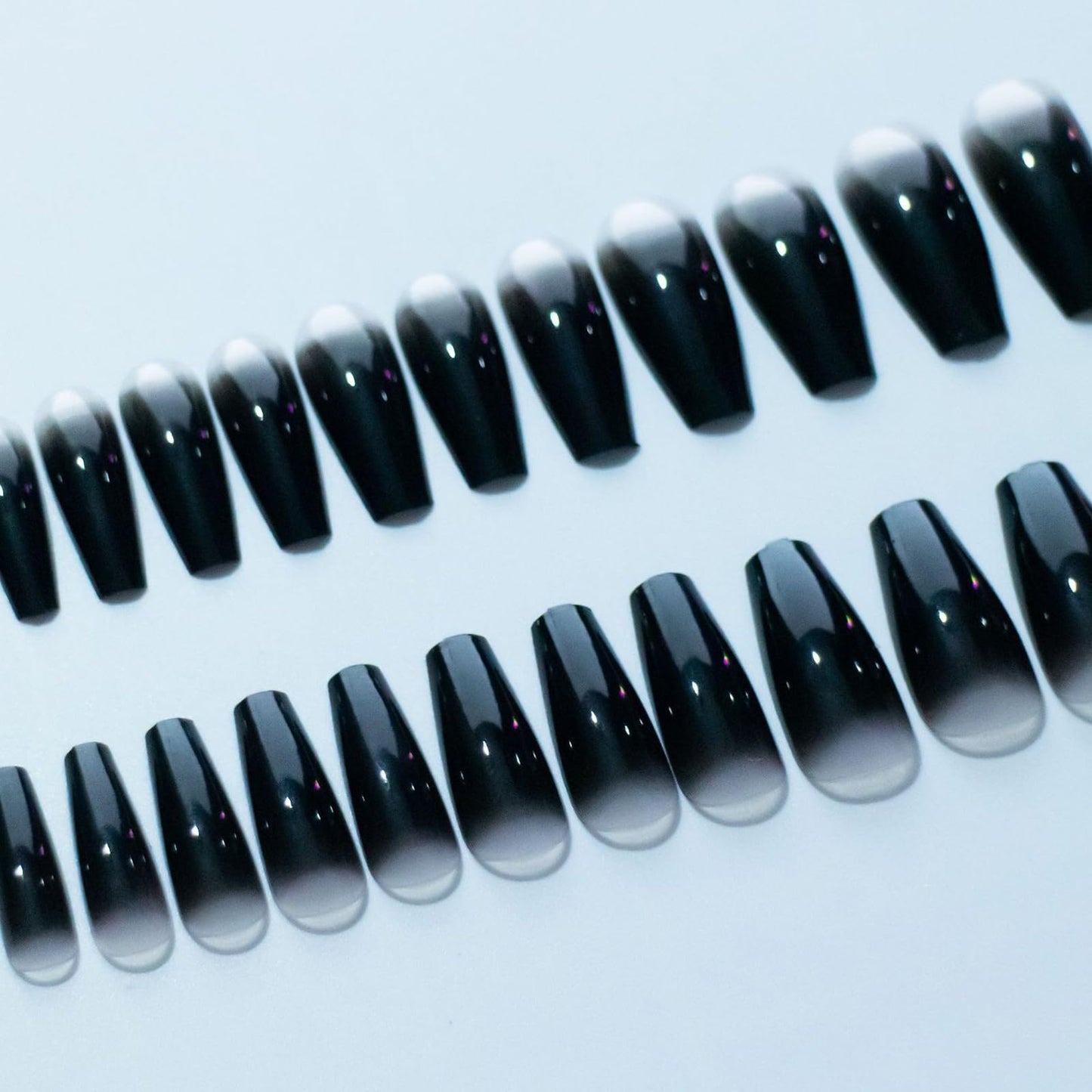MISUD Press on Nails - Long Coffin Glue on Nails with Goth Black, Acrylic Gothic Ombre Design 24 pcs