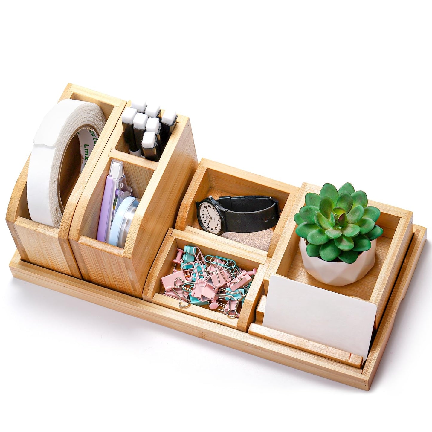 Cididu Bamboo Desk Vanity Tray, 7 Pieces Adjustable Pen Holder Stationery Caddy, Bathroom Vanity Organizer Set, Sturdy Countertop Tray Storage Boxes Office Supplies for Makeup Small Items Home Kitchen